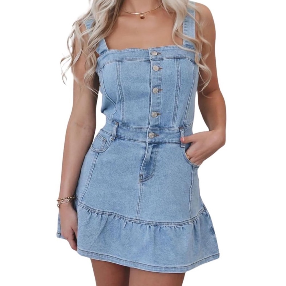 Yoeasy Denim Mini Dress Button Front Ruffle Hem Women Size S Light Blue Western
